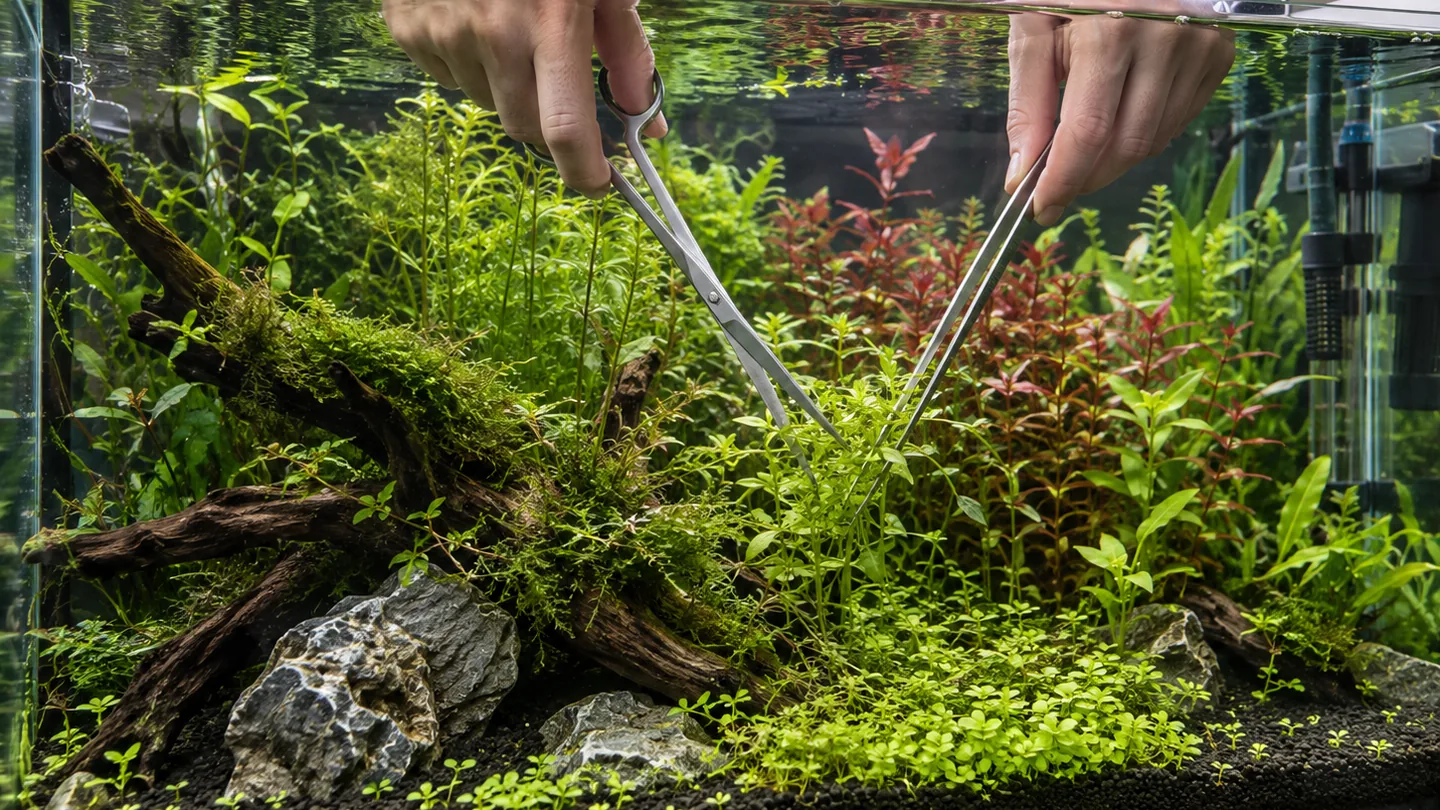 Freshwater aquarium aquascaping trim with tools