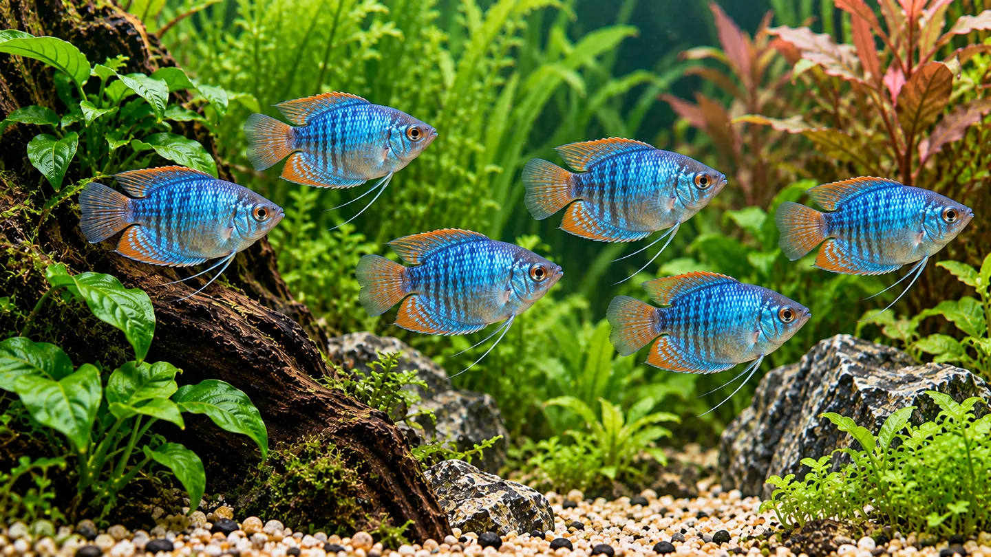 Freshwater aquarium blue gourami school in a lush aquascape