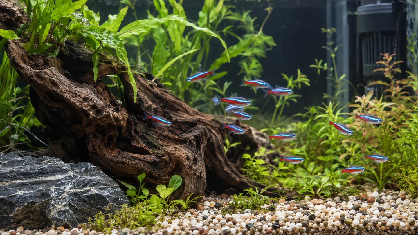 Freshwater aquarium neon tetras among driftwood and greenery