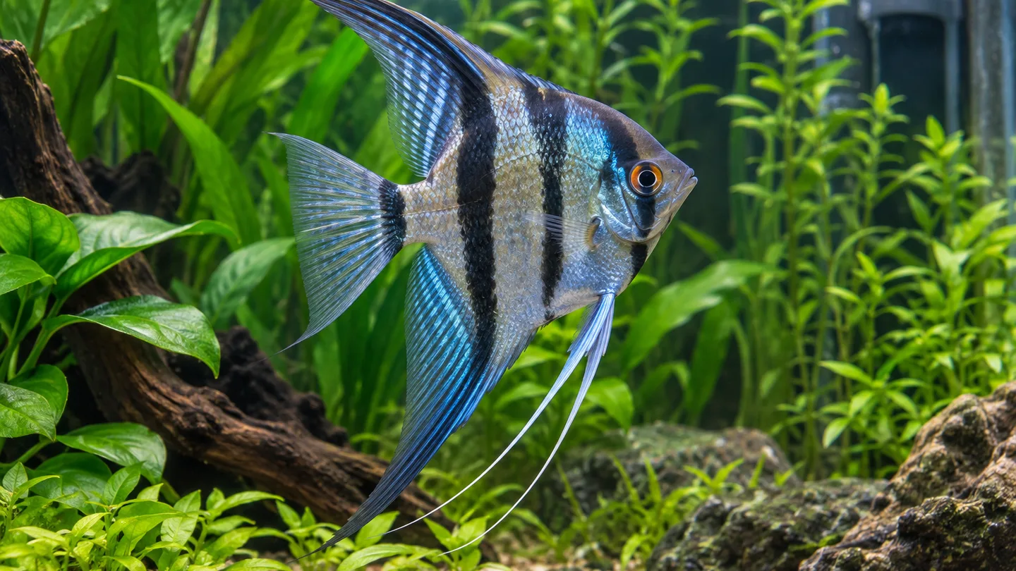Striped Angelfish Among Aquarium Plants