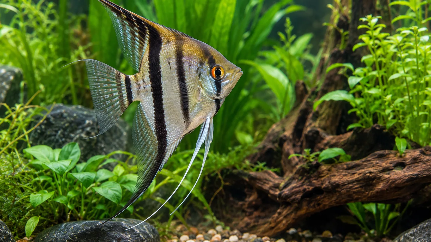 Striped Angelfish Among Lush Aquarium Plants