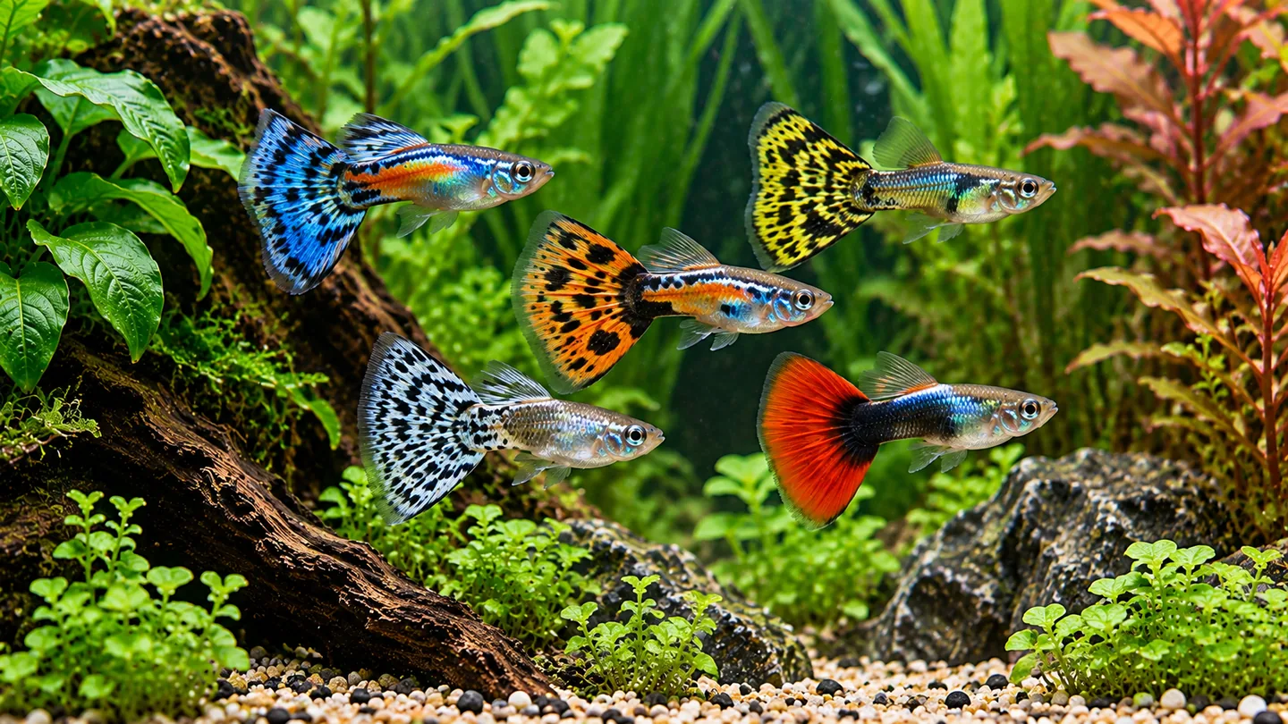 Vibrant Guppies in a Planted Aquarium