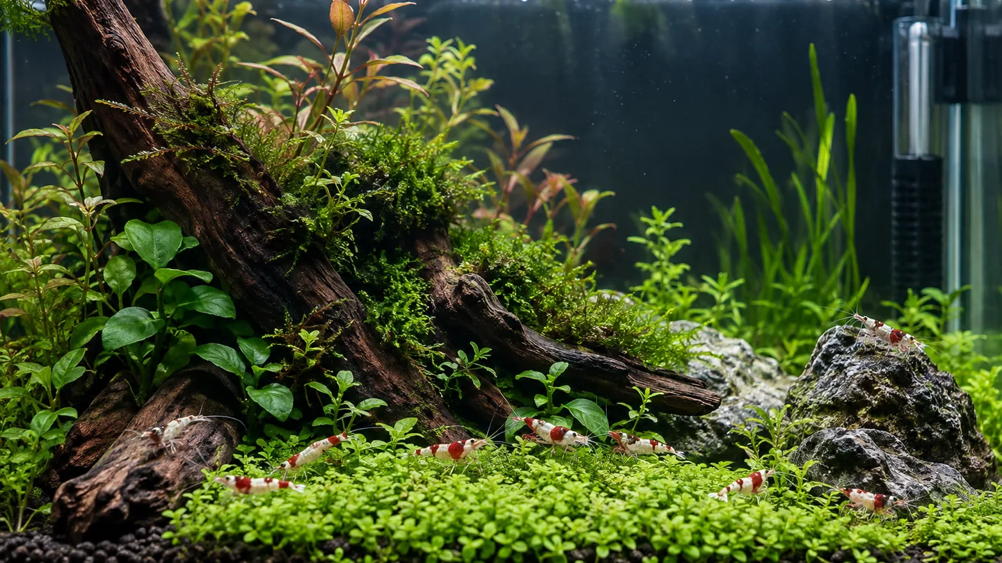 Vibrant Shrimp Aquascape with Driftwood