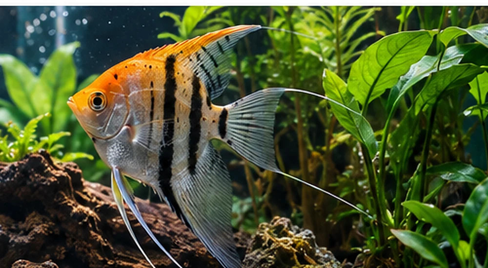 Close-up of an angelfish in a planted freshwater aquarium
