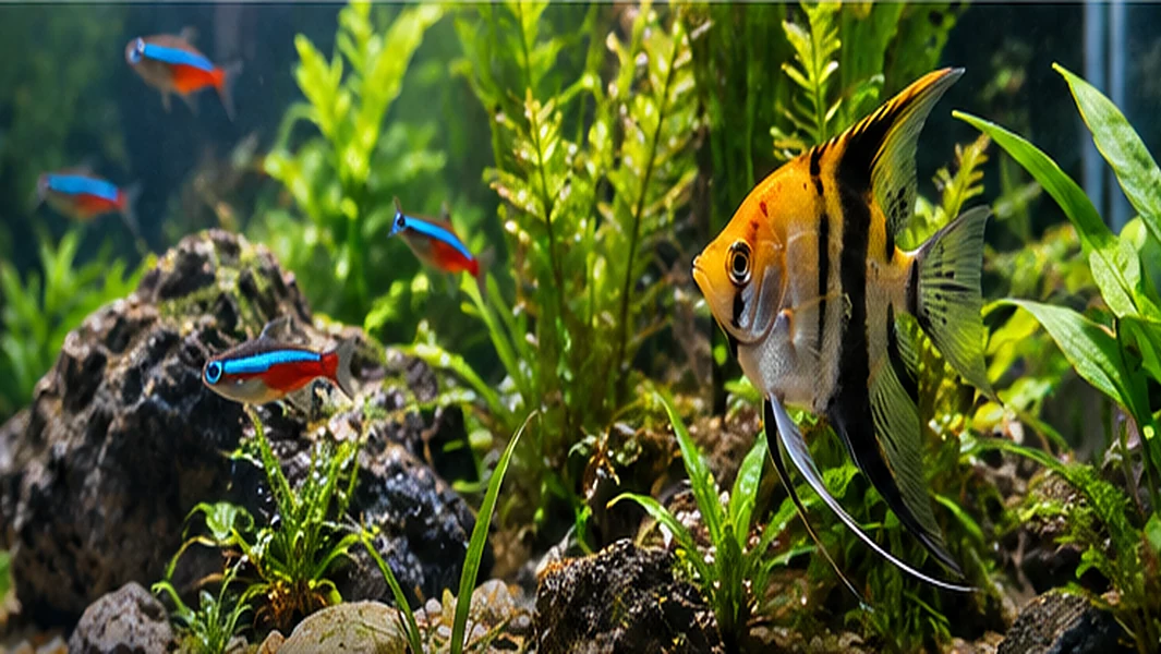 Angelfish in a lush planted freshwater aquarium