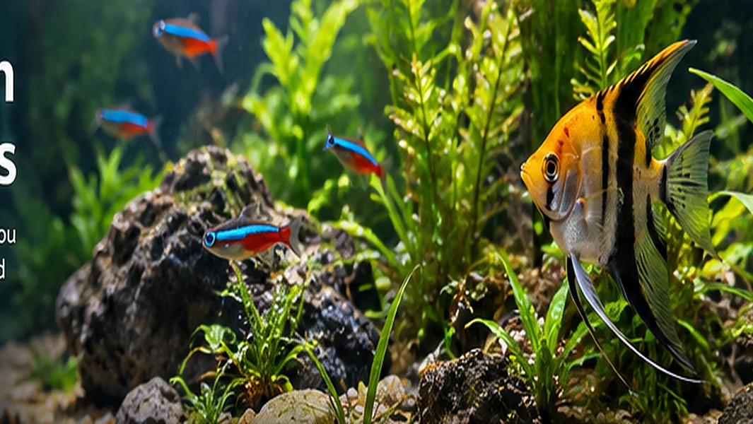 Photorealistic image of a lush planted freshwater aquarium with tropical fish