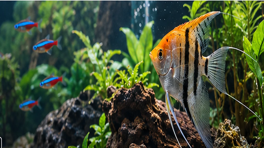 Tropical fish swimming among rocks and live aquarium plants